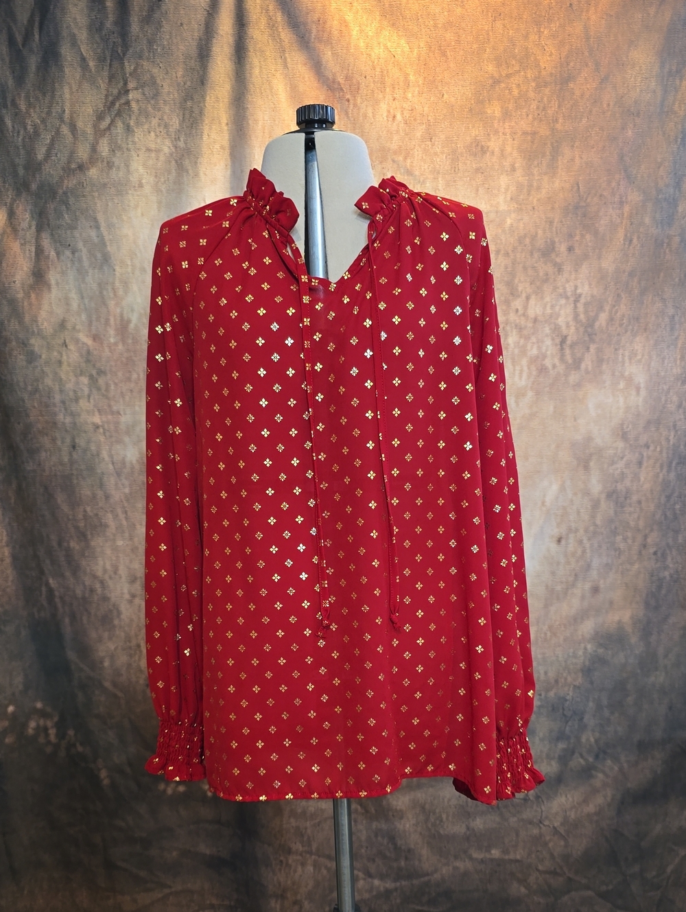 Time and Tru Red Blouse with Metallic Gold Dot Print, sz 8/10